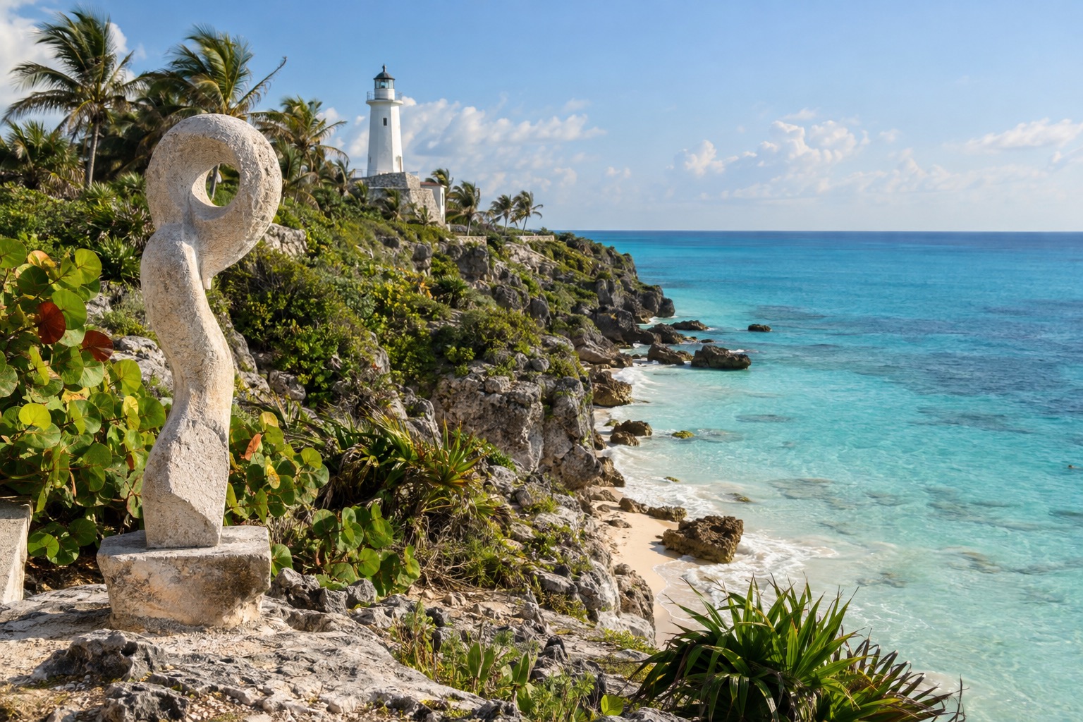 A lighthouse on a clifftop above open blue water with a sculpture garden in the foreground