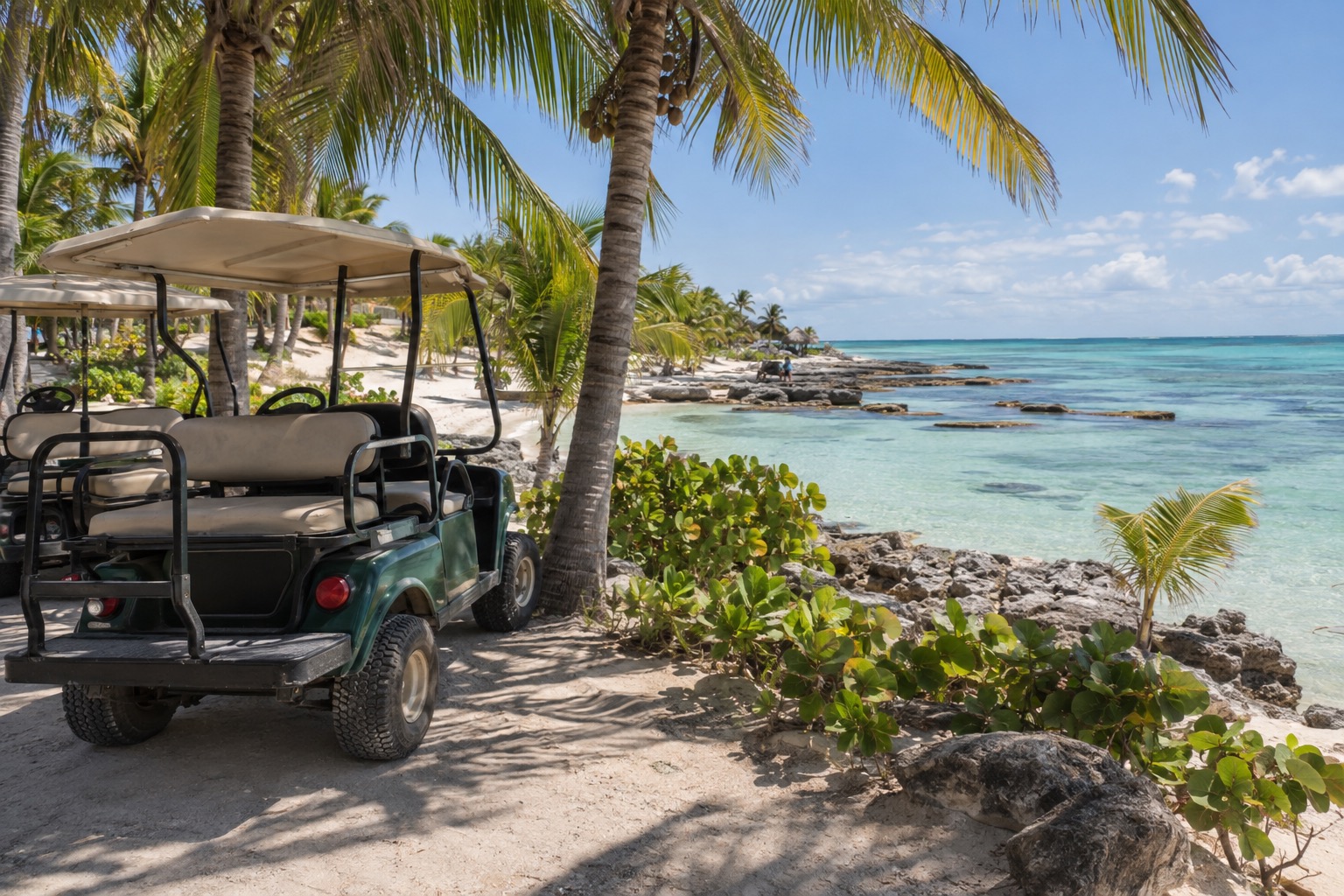 Golf carts parked beside a palm-lined beach with calm shallow water