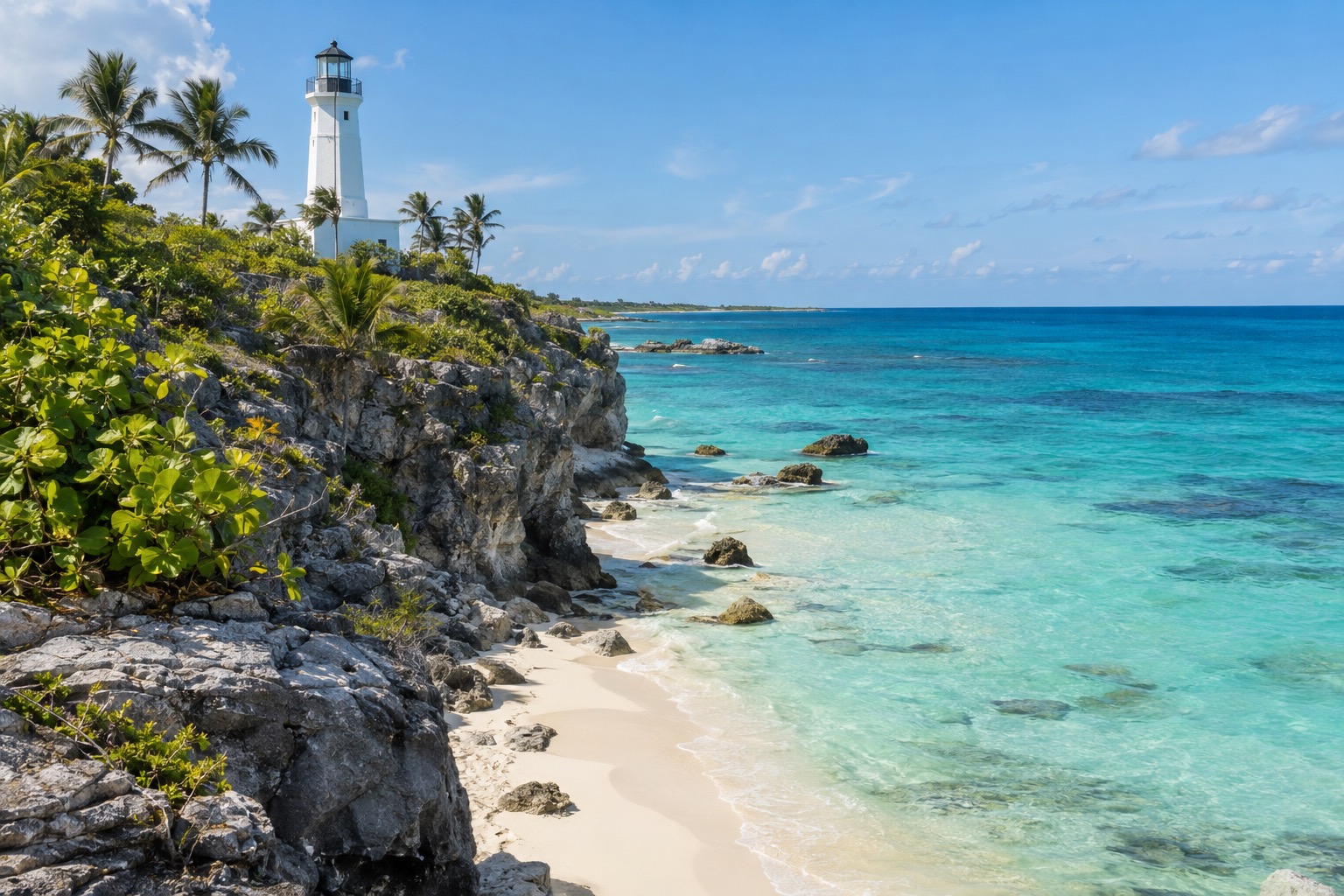 A white lighthouse on a limestone clifftop above open turquoise water