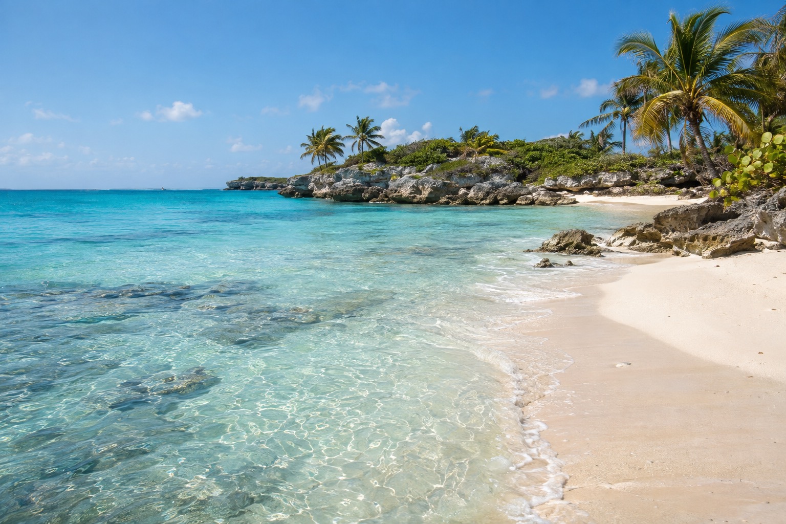 Calm shallow turquoise water lapping a pale sand beach at the north tip of a small Caribbean island