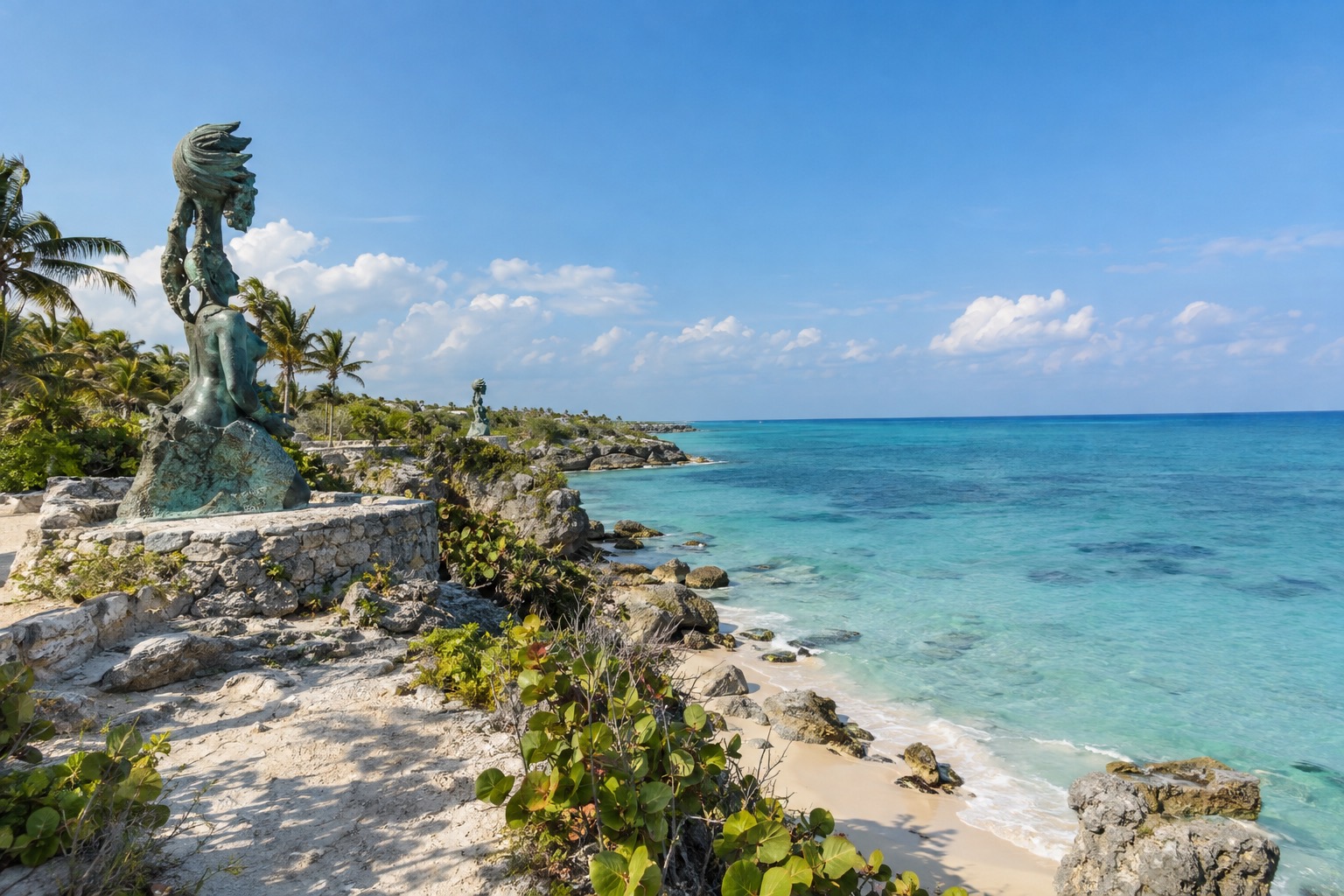A clifftop path with sculptures above open turquoise water at the southern tip of a small island