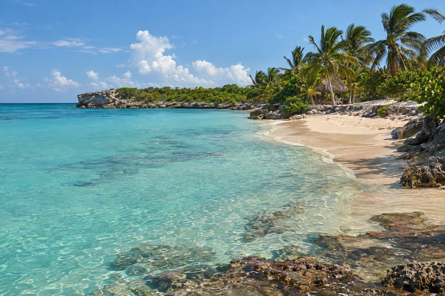 Calm turquoise bay with a curve of pale sand and palm trees on a small Caribbean island