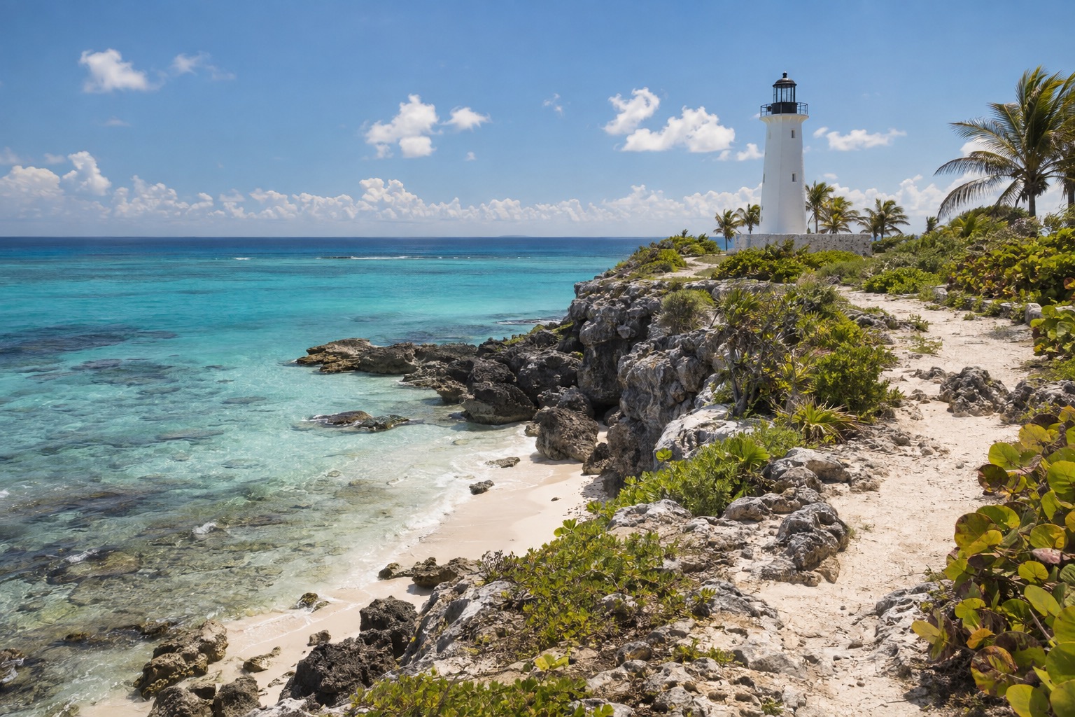 Clifftop path and a lighthouse above open water at the southern tip of a small island