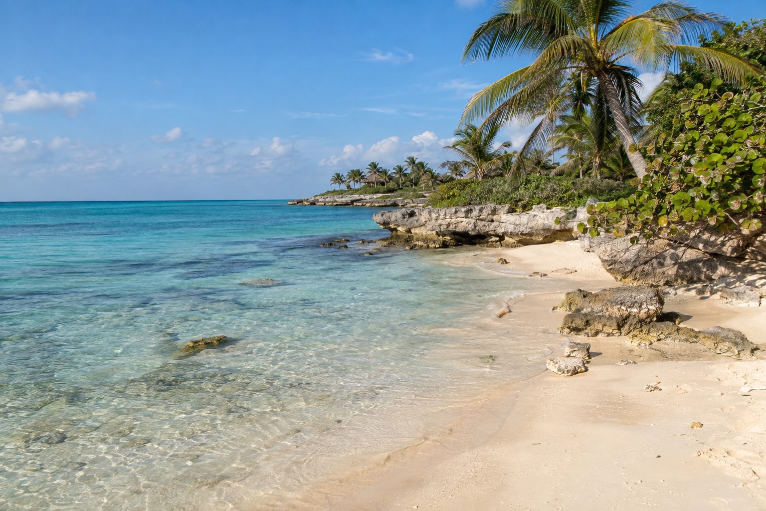 Shallow turquoise water and pale sand along the shore of a Caribbean island beach