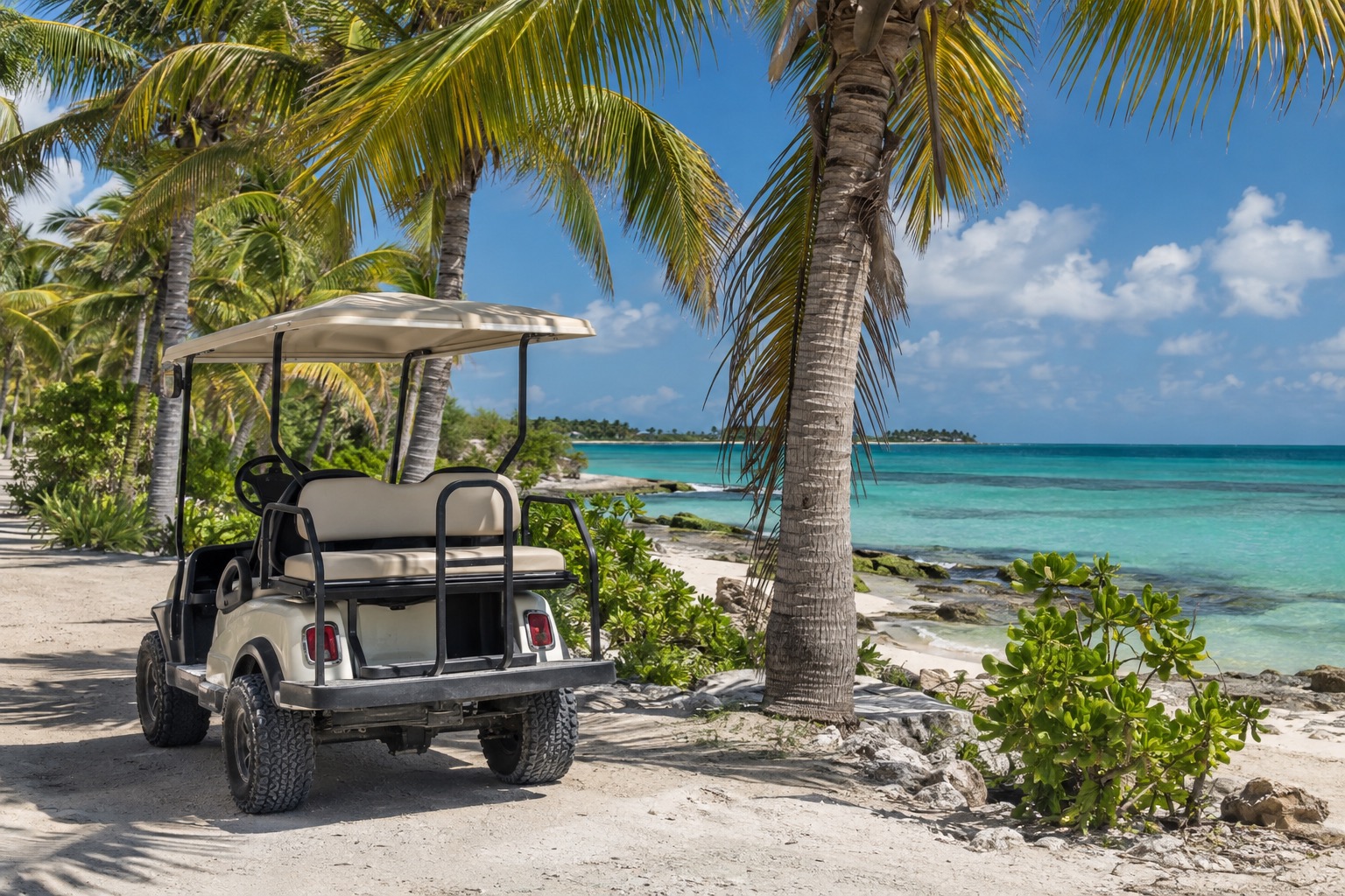 A golf cart parked beside a palm-lined street on a small Caribbean island