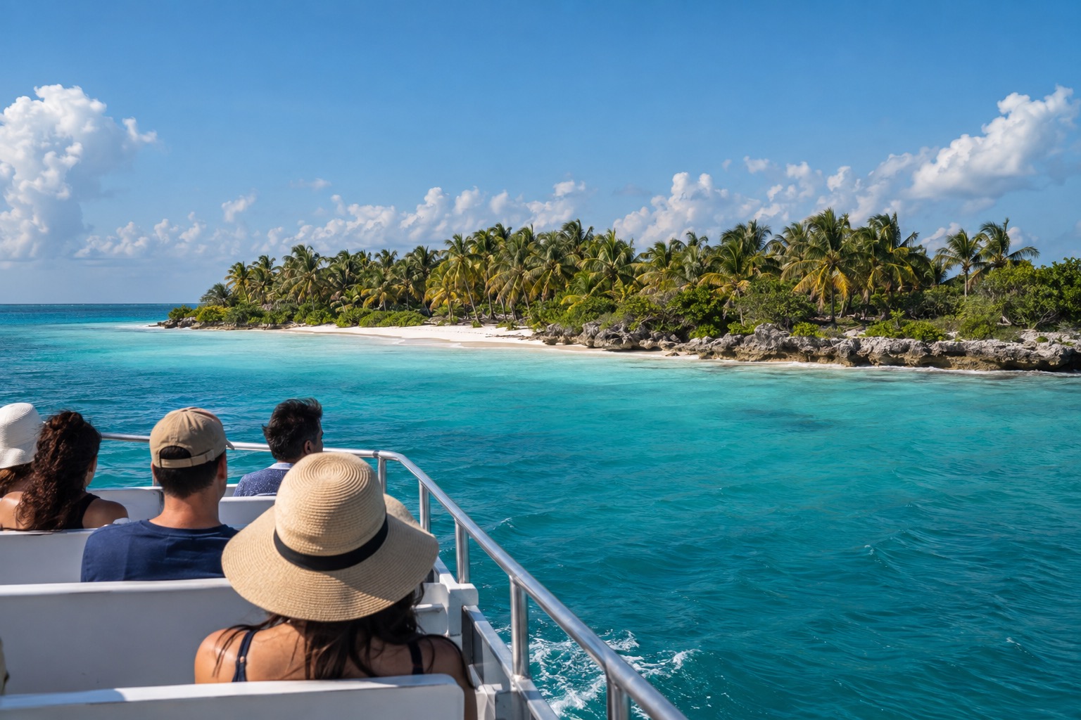A passenger ferry crossing turquoise water toward a low, palm-lined island