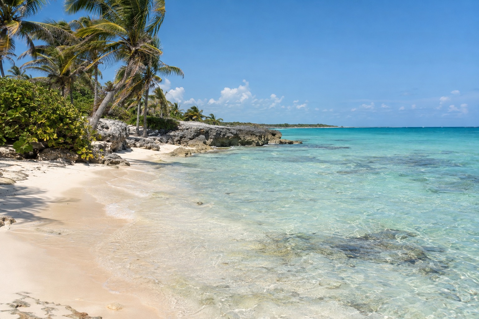 A sandy beach with calm, shallow turquoise water facing the north end of an island