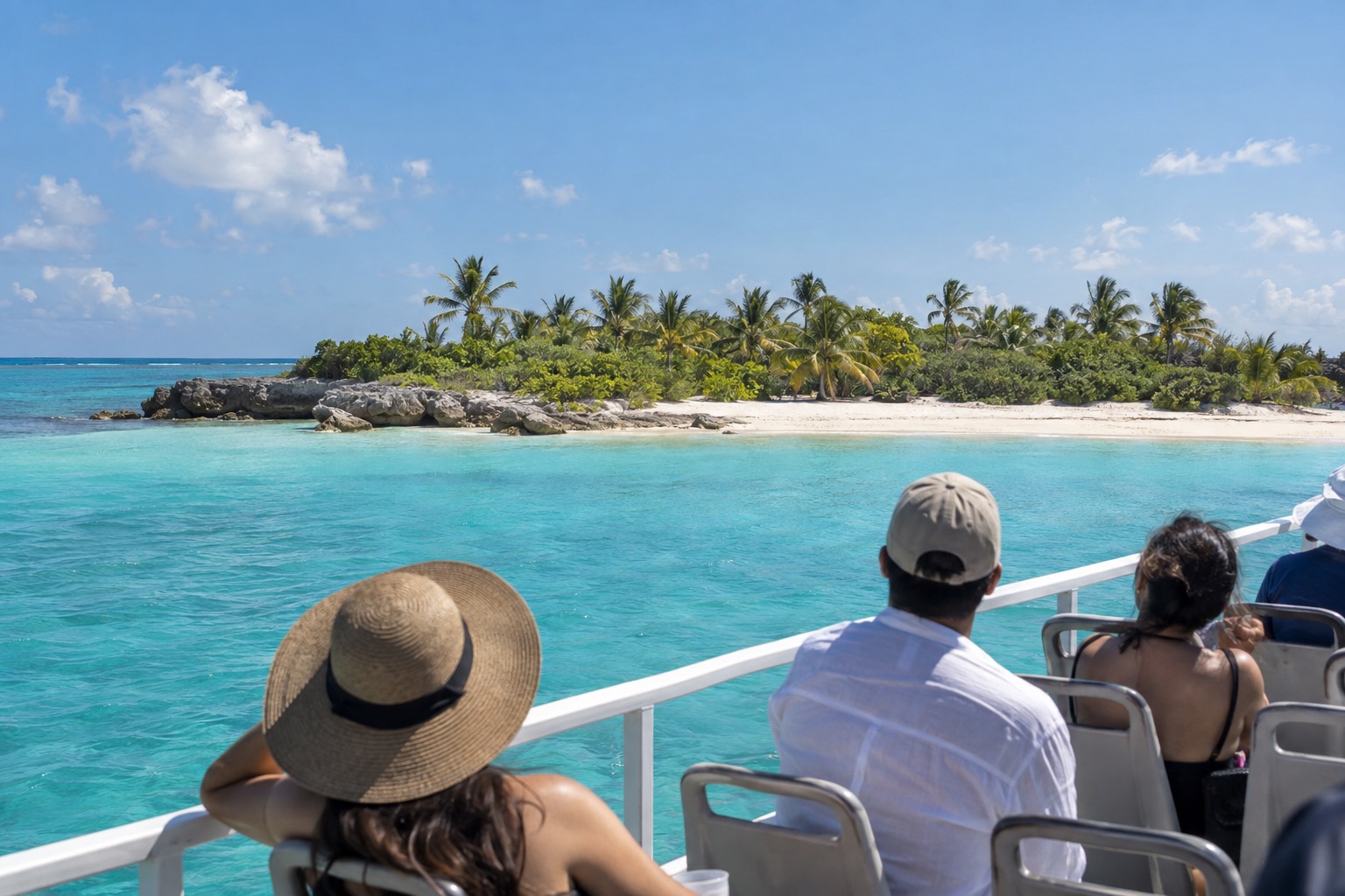 A passenger ferry crossing turquoise water toward a low tropical island