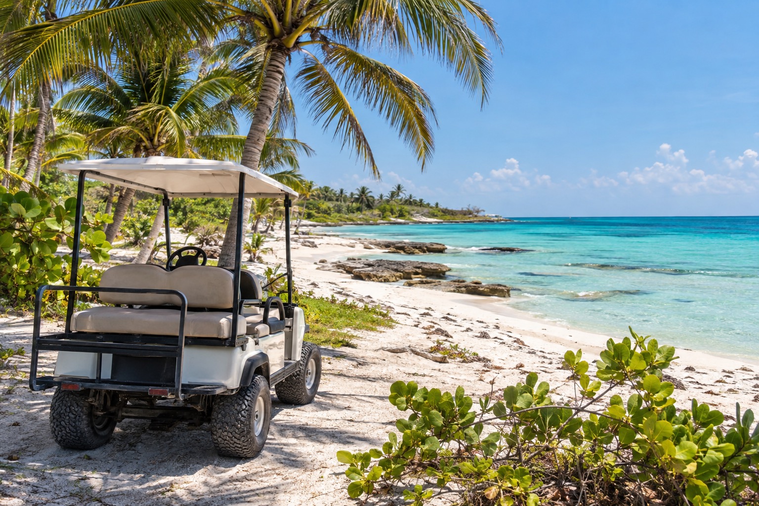 A golf cart parked beside a palm-lined white-sand beach