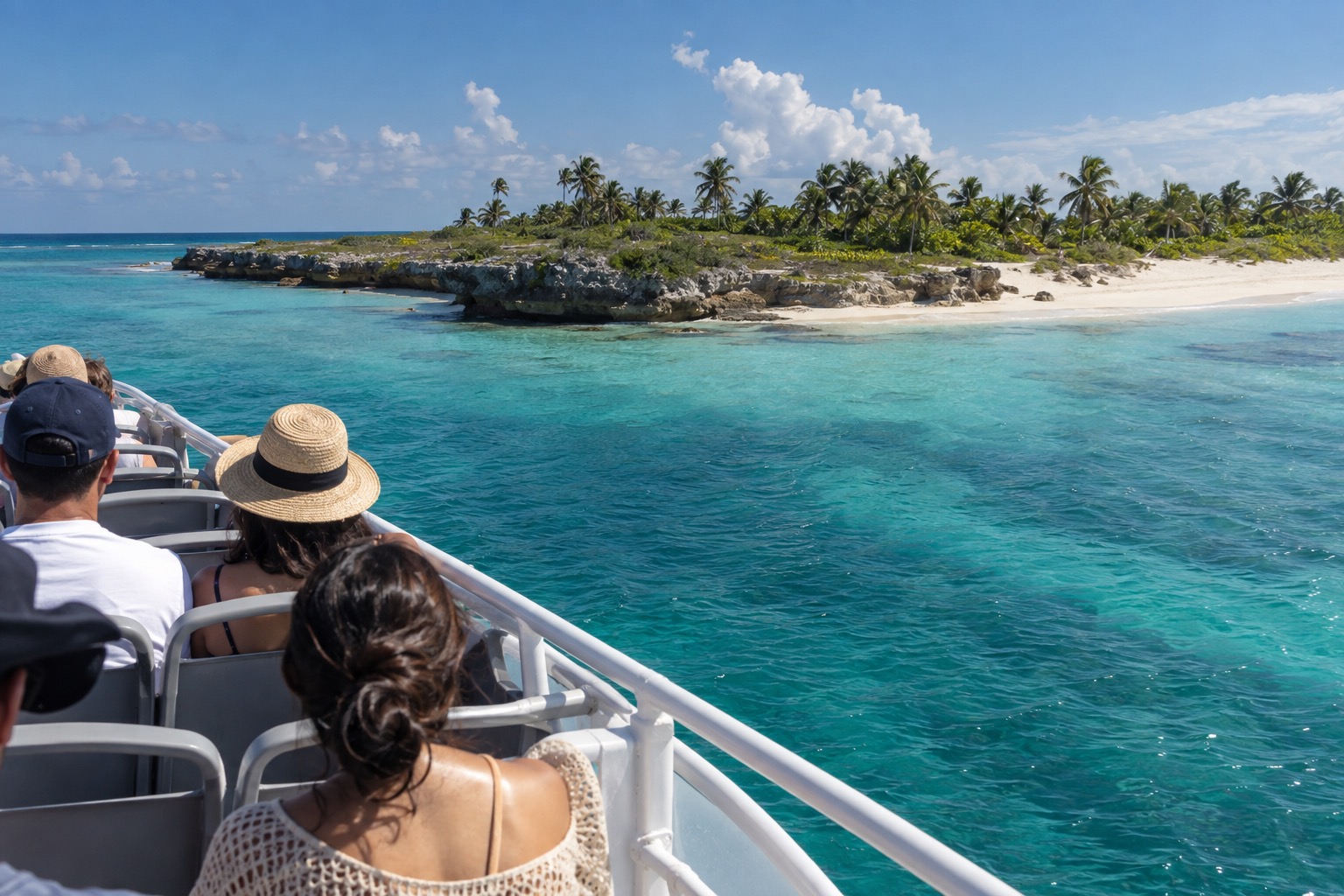 A passenger ferry crossing turquoise water toward a low tropical island