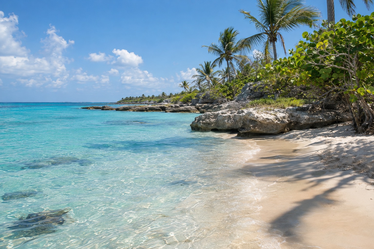 Shallow calm turquoise water lapping a pale sand beach on a small island