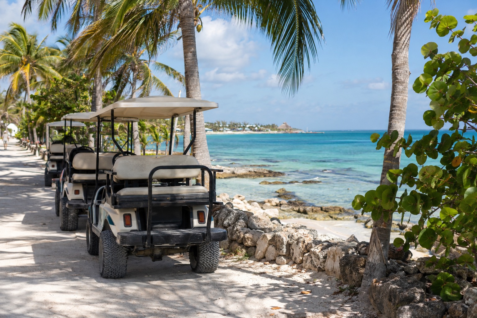 Golf carts parked along a palm-lined street on Isla Mujeres