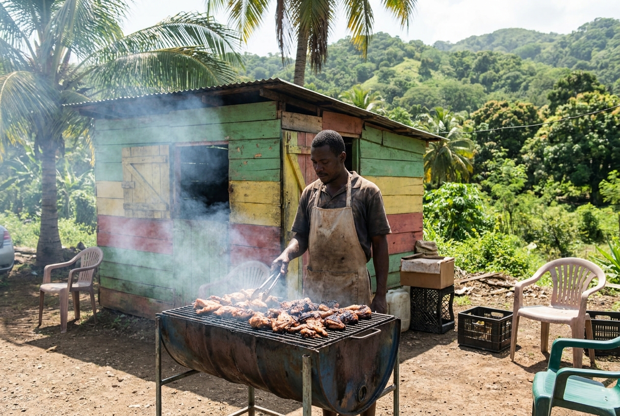 A cook turning jerk chicken on a smoking drum grill in front of a colorful roadside shack in the Jamaican hills