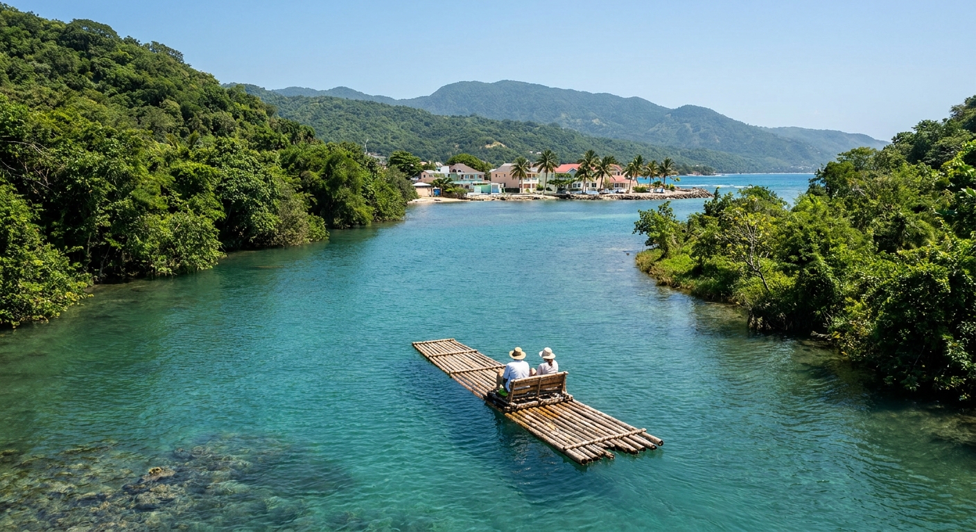 A bamboo raft poled down the Rio Grande between forested banks near Port Antonio