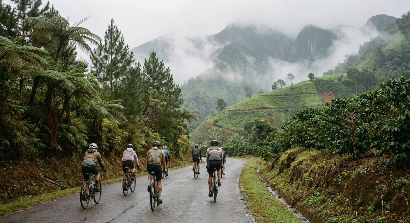 Coffee rows on a steep Blue Mountains slope with cloud moving across the ridge behind