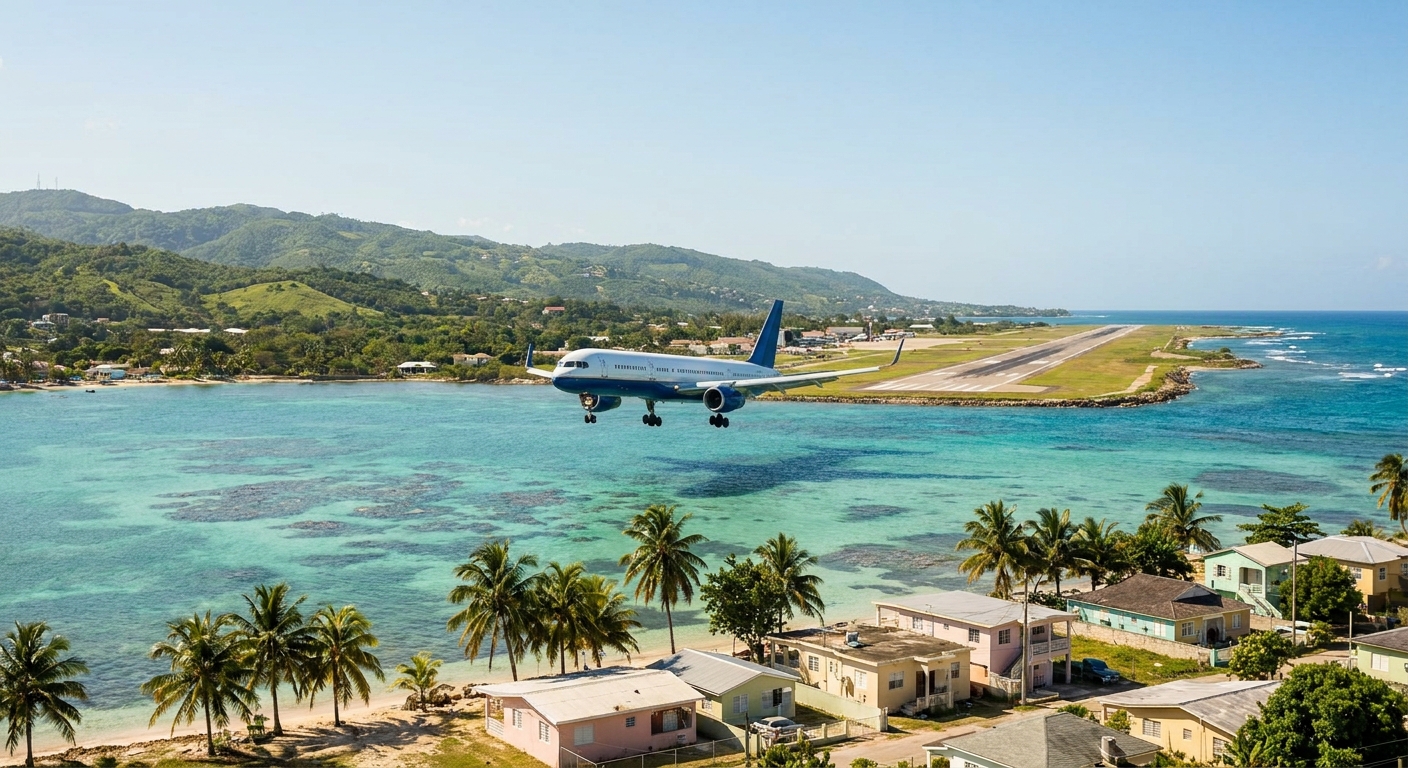 Passenger jet on final approach over turquoise shallow water toward a Caribbean coastal runway