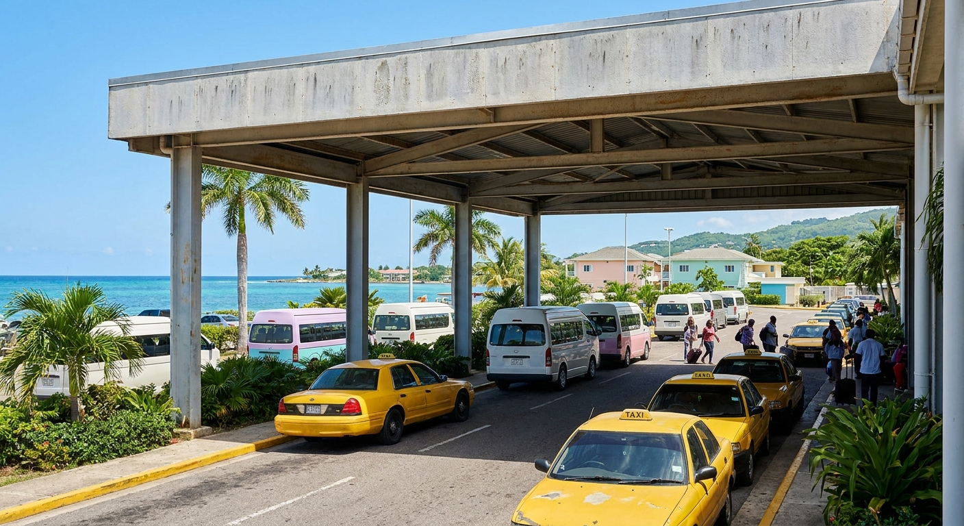 Arriving passengers pushing luggage carts out of the arrivals hall at Sangster International Airport in Montego Bay