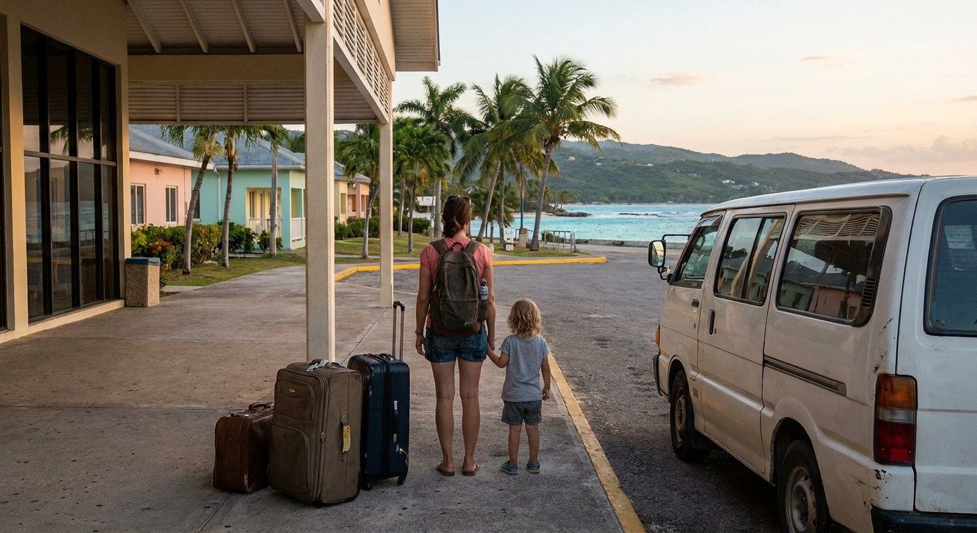 A row of licensed taxis and shuttle vans waiting outside the arrivals exit in Montego Bay under bright afternoon light