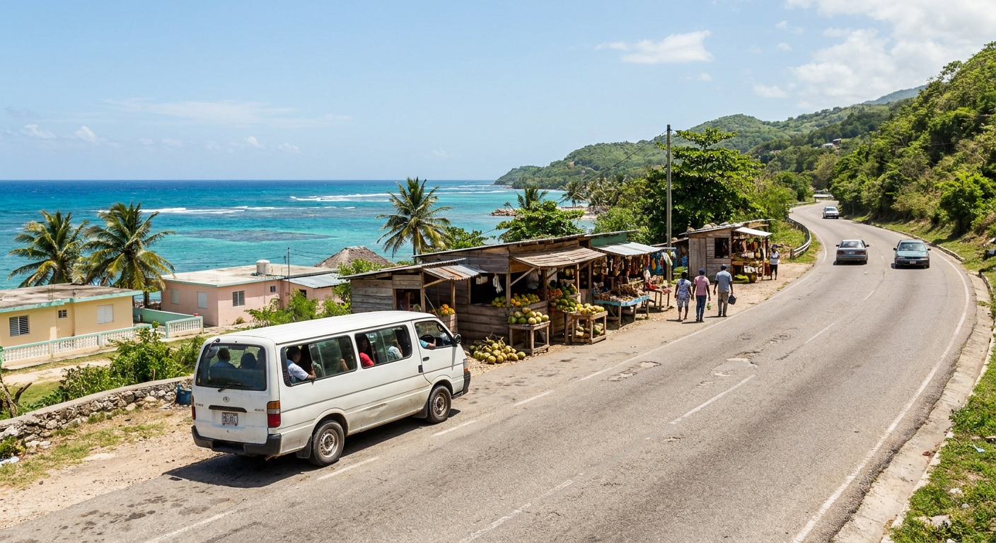 Two-lane coast road west of Montego Bay running between the sea and green hills, with a minibus approaching a village speed bump