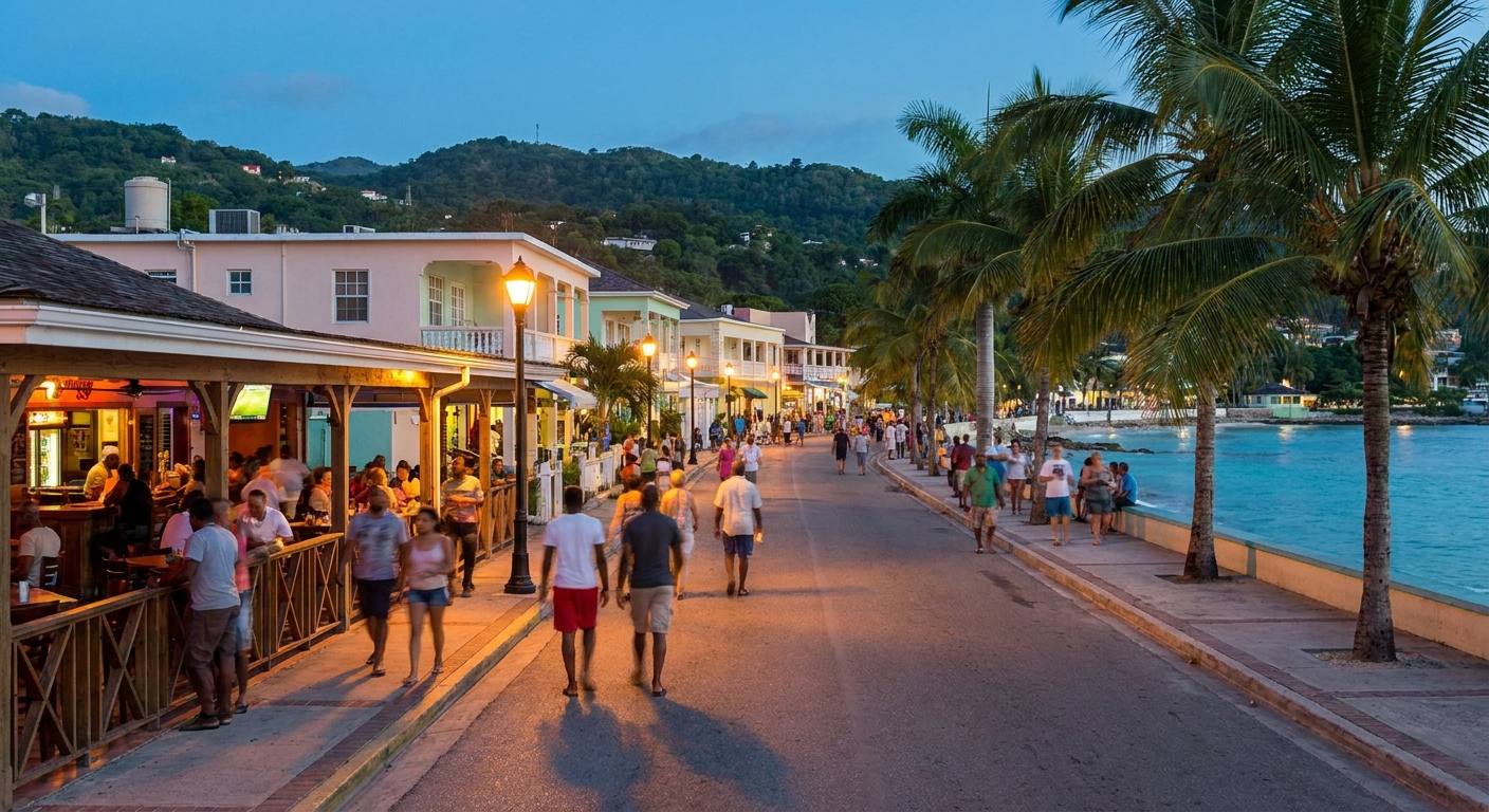 Evening on a lit commercial street in Montego Bay, taxis waiting at the curb while people walk between bar fronts and craft stalls