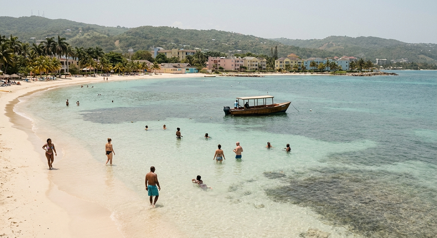 Snorkelers floating over a shallow reef in Montego Bay with hotel balconies and green hills on the shoreline behind them