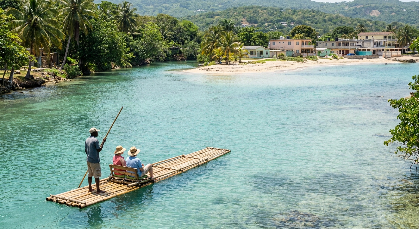 A bamboo raft with a standing poler drifting between green riverbanks near Montego Bay