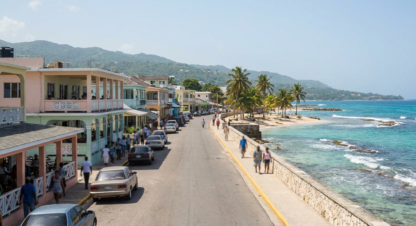 Mid-rise hotel balconies and rented beach umbrellas along Gloucester Avenue in Montego Bay, seen from the water