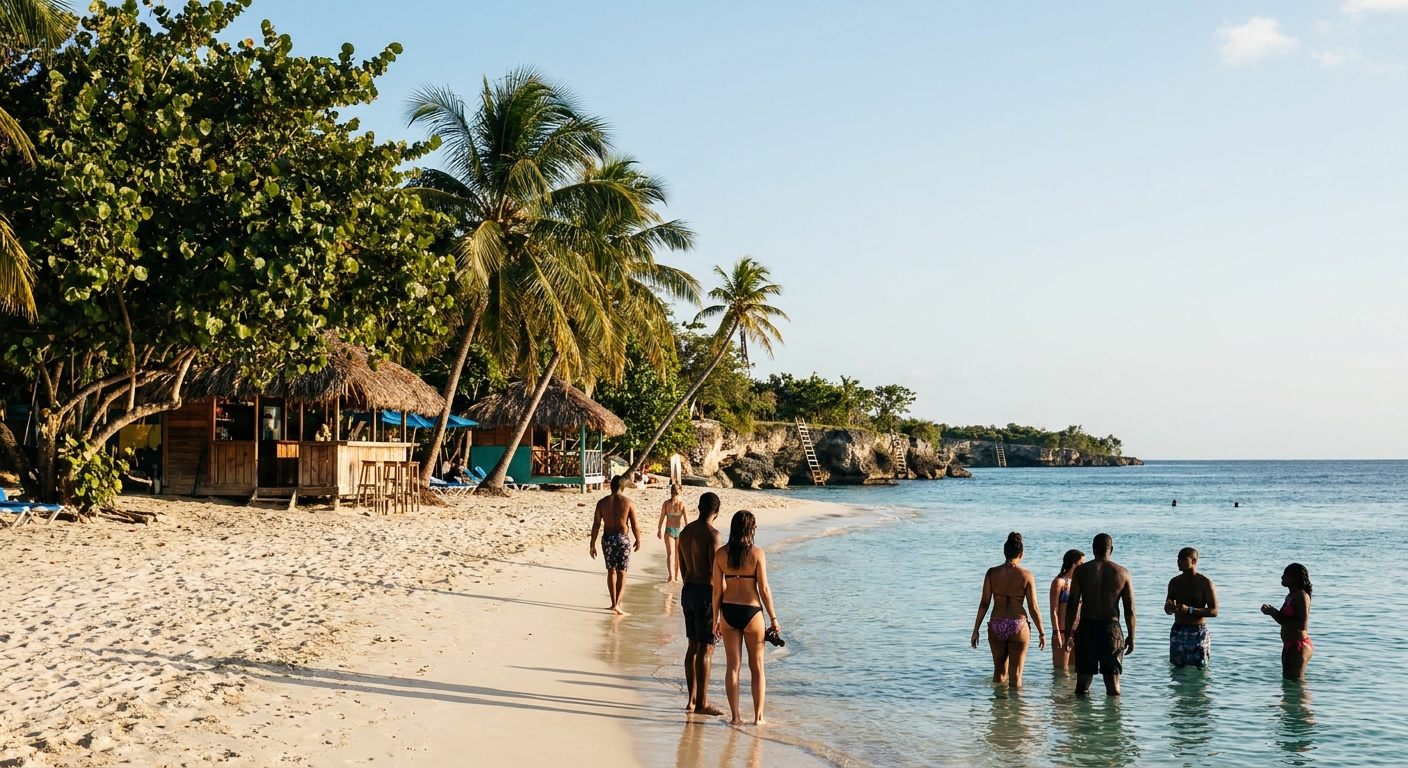Calm turquoise water and pale sand along Seven Mile Beach in Negril, with small hotels and palms set back from the shore
