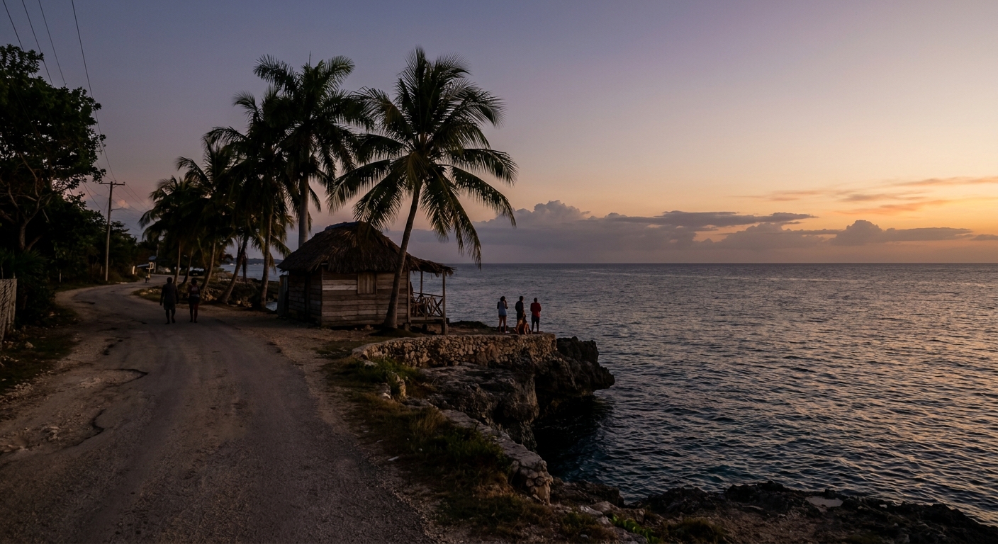 Suitcases being loaded into the back of a van outside a small Negril guesthouse gate in early morning light