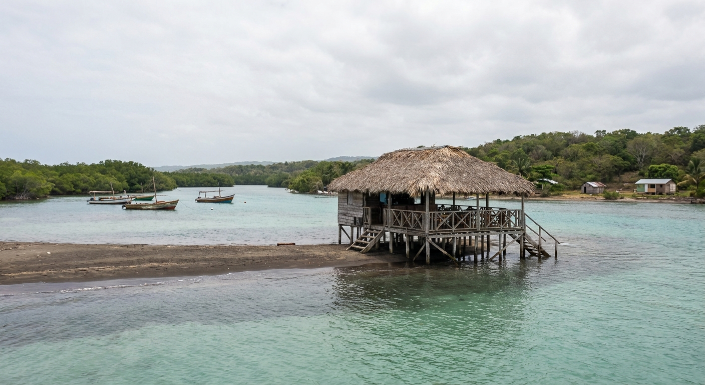A thatched wooden stilt bar on a sandbar in shallow turquoise water on Jamaica's south coast, fishing boats moored beyond