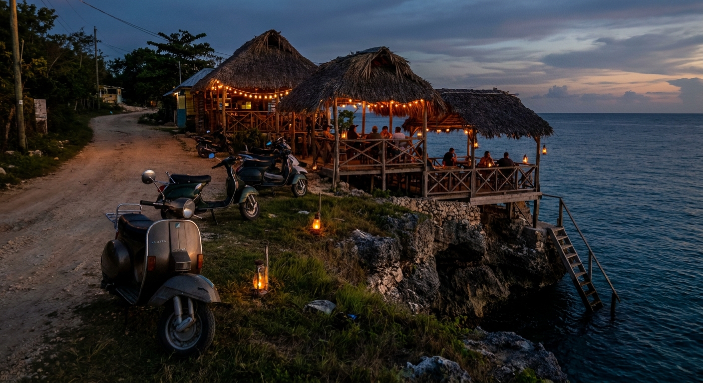 Evening on the West End cliffs in Negril, with a metal ladder bolted into the limestone above deep blue water and a small bar terrace above