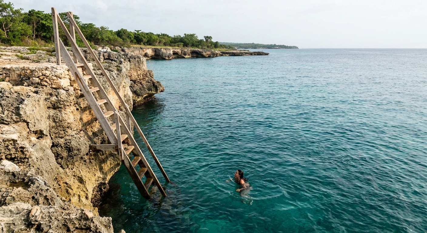 Snorkelers climbing back aboard a small boat over pale reef water off Negril's Long Bay