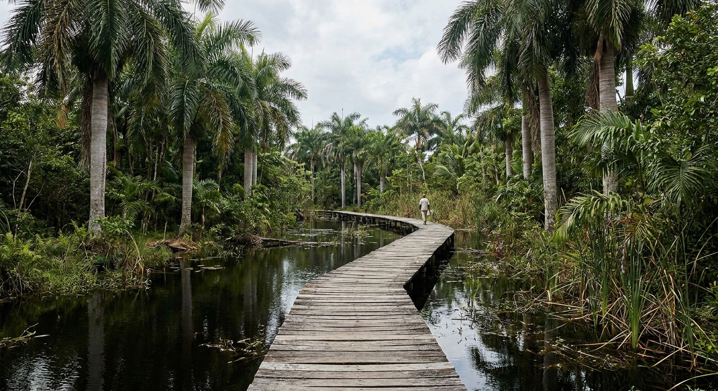 Wooden boardwalk running between tall royal palms and reeds in the wetland behind Negril at dawn