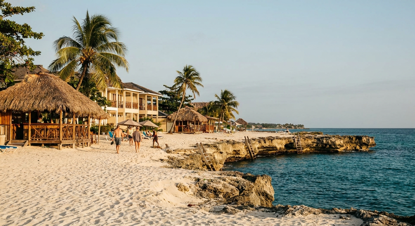 Small two-story hotels and palms between Norman Manley Boulevard and the white sand of Seven Mile Beach in Negril