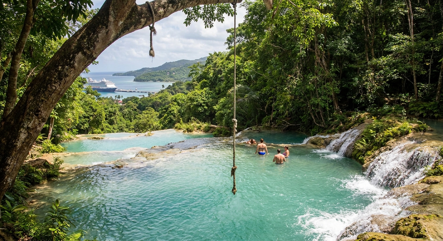A jade-green jungle pool with a rope swing and a small cascade in the hills behind Ocho Rios