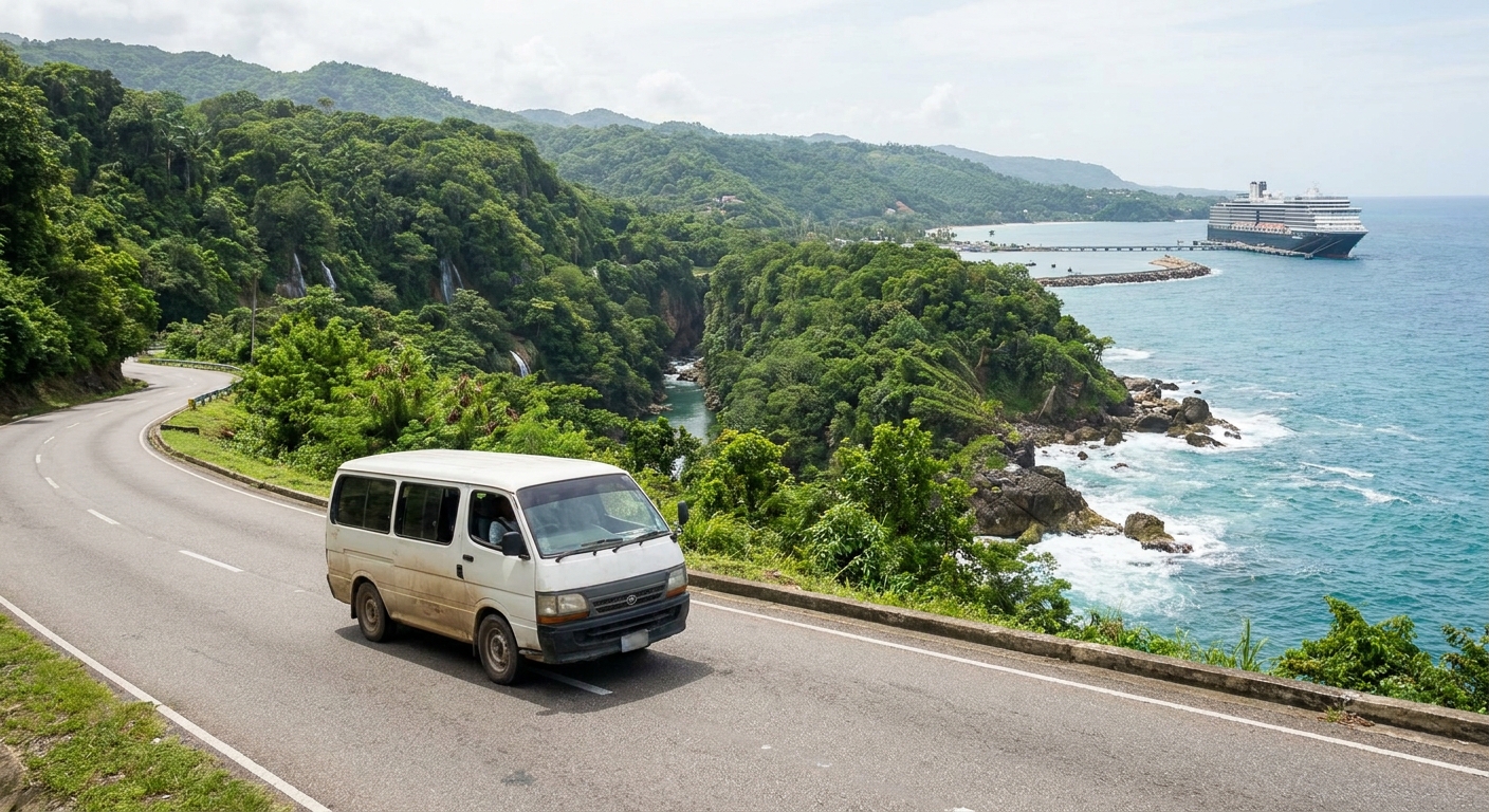 A white transfer van on the north coast highway between Falmouth and Ocho Rios, sea on one side and green hills on the other