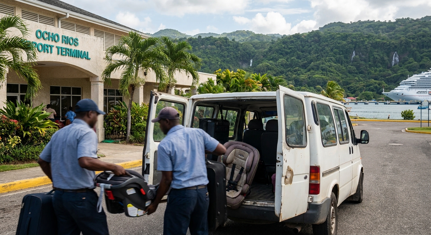 Passengers loading bags into an intercity coach at a Jamaican terminal with hills behind