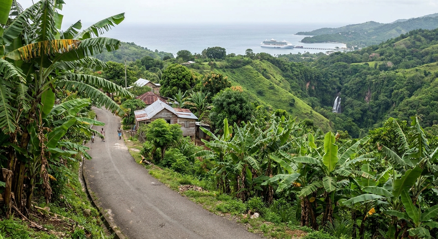 A modern highway curving through green hills inland from the north coast of Jamaica