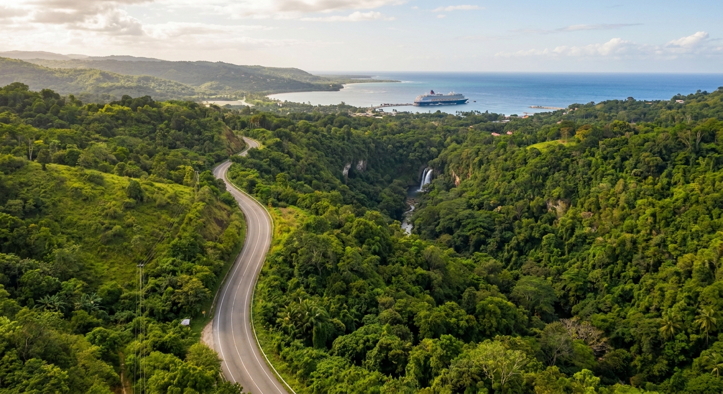 A small sand beach near Port Antonio where a clear river meets the sea between forested headlands