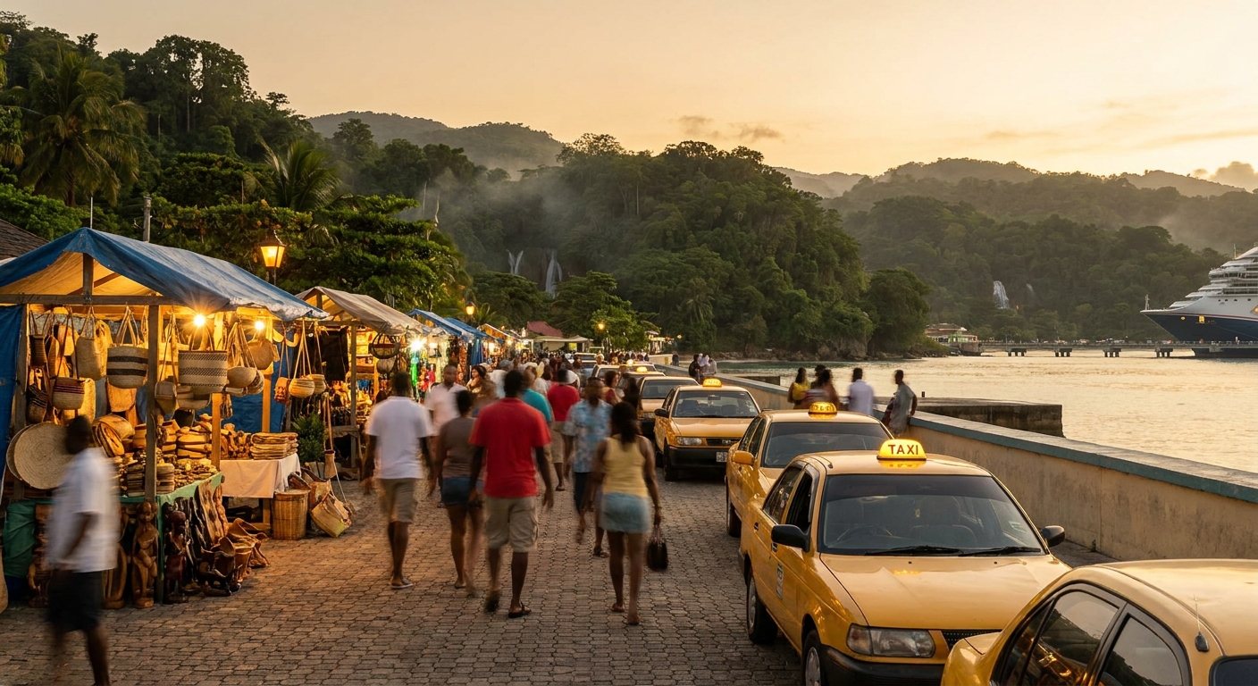 A lit stretch of Main Street in Ocho Rios in the evening, with pedestrians, shopfronts and parked taxis