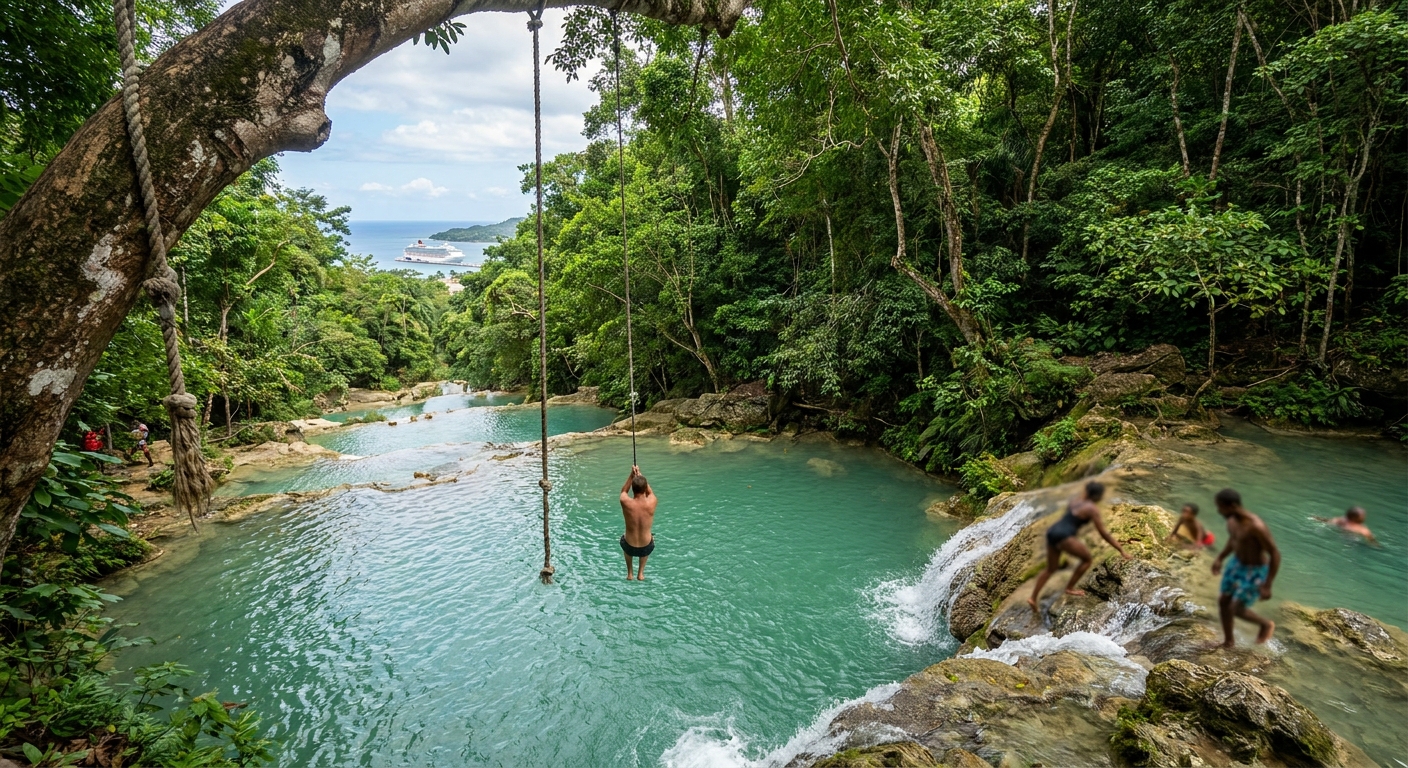Climbers in a linked chain making their way up the terraced limestone of Dunn's River Falls near Ocho Rios