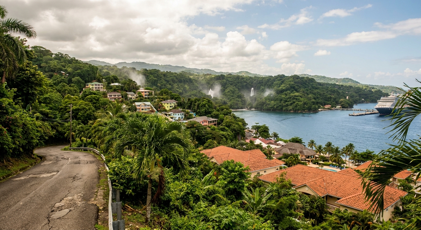The bay at Ocho Rios seen from the hillside above town, with the beach, the cruise pier and hotel blocks along the shore