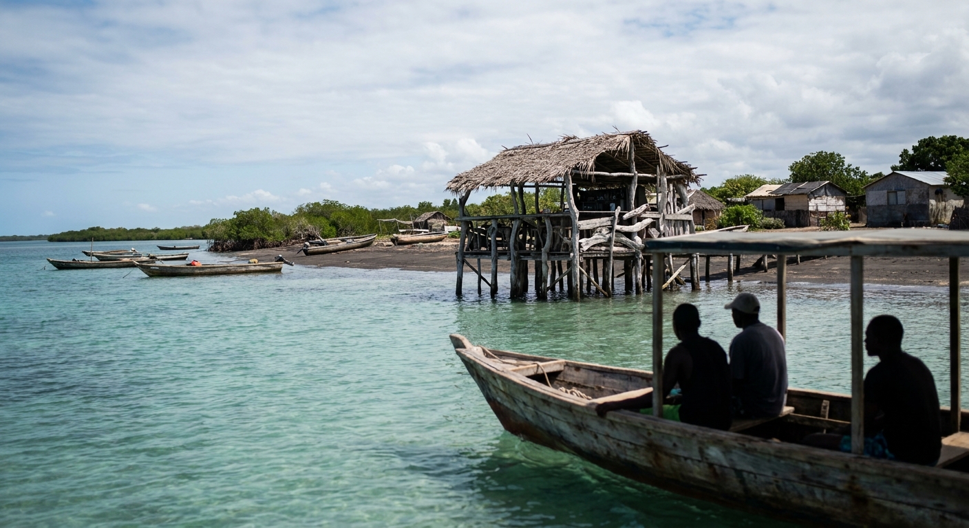 Open safari boats moored at a wooden dock on the Black River with dense mangrove behind