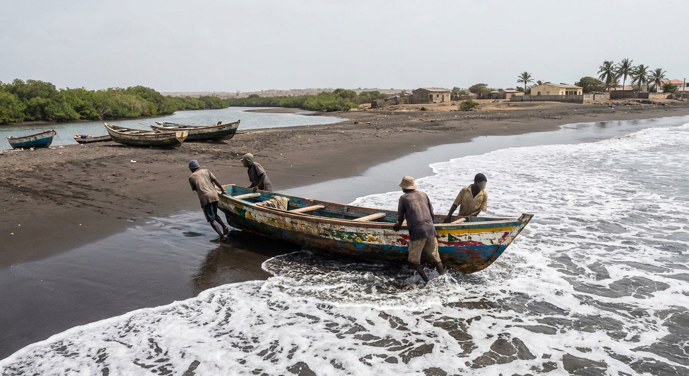 Painted wooden fishing boat drawn up on a brown-sand cove at Calabash Bay with low green hills behind