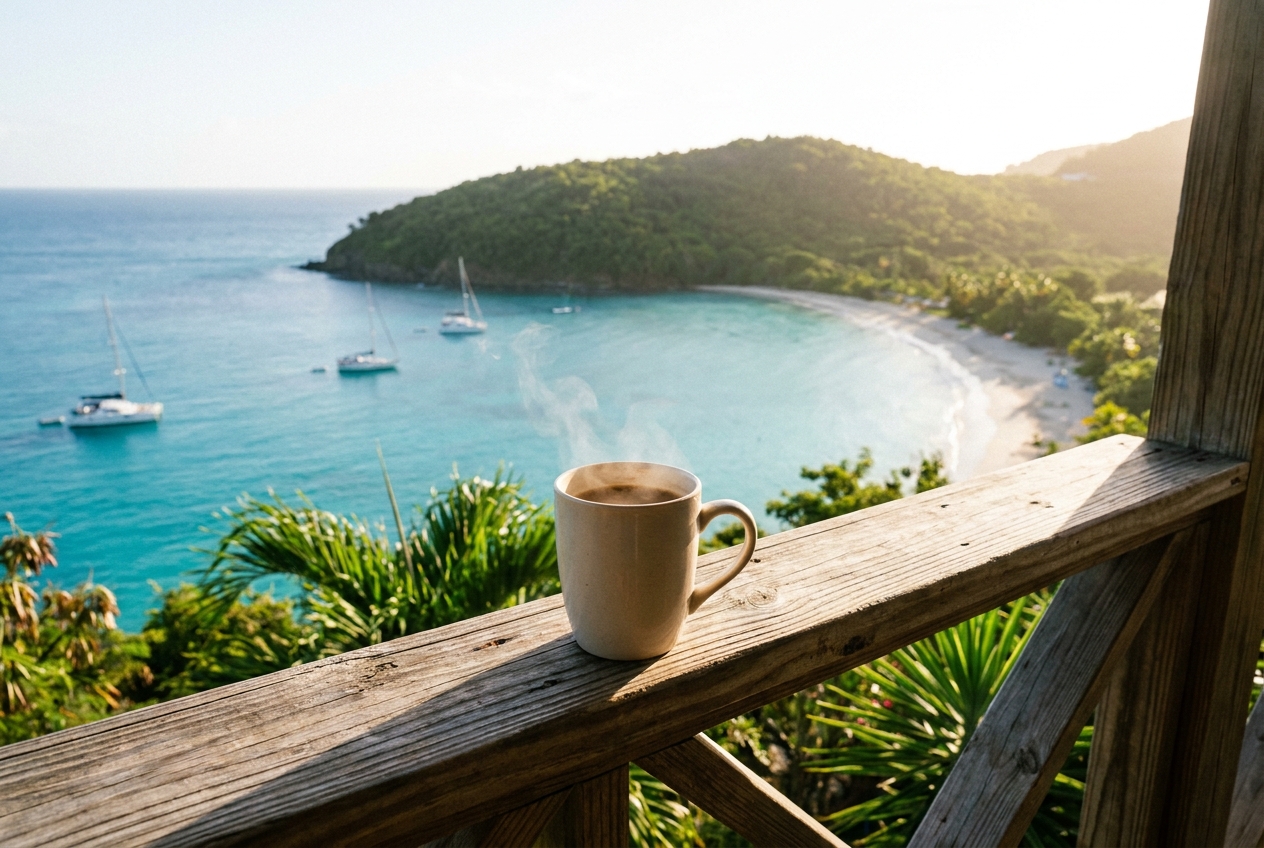 Morning coffee on a balcony rail overlooking a turquoise Jamaican bay