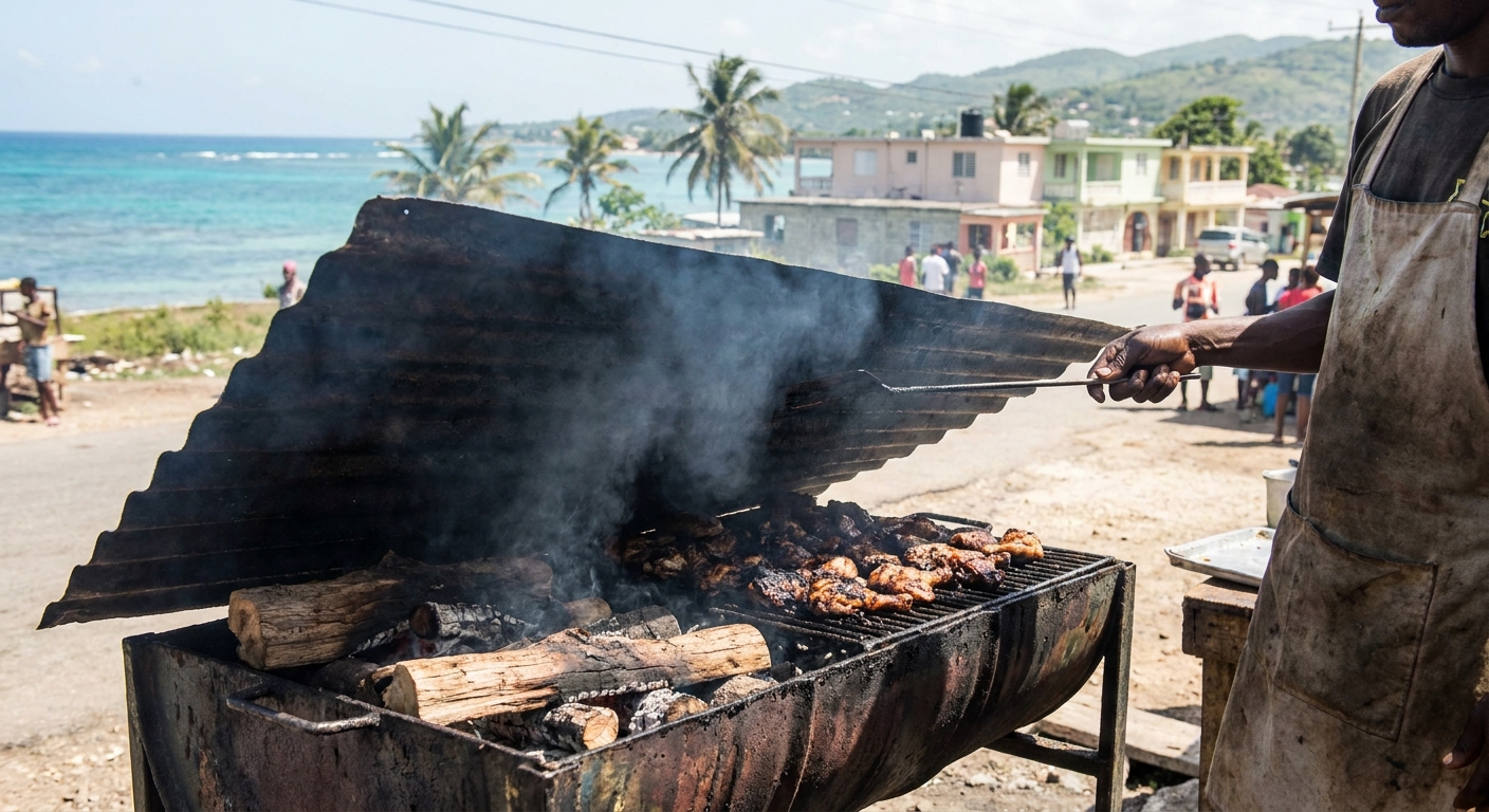 Chicken and pork smoking under a sheet of corrugated zinc over pimento wood at an open-air jerk grill, a cook lifting the cover