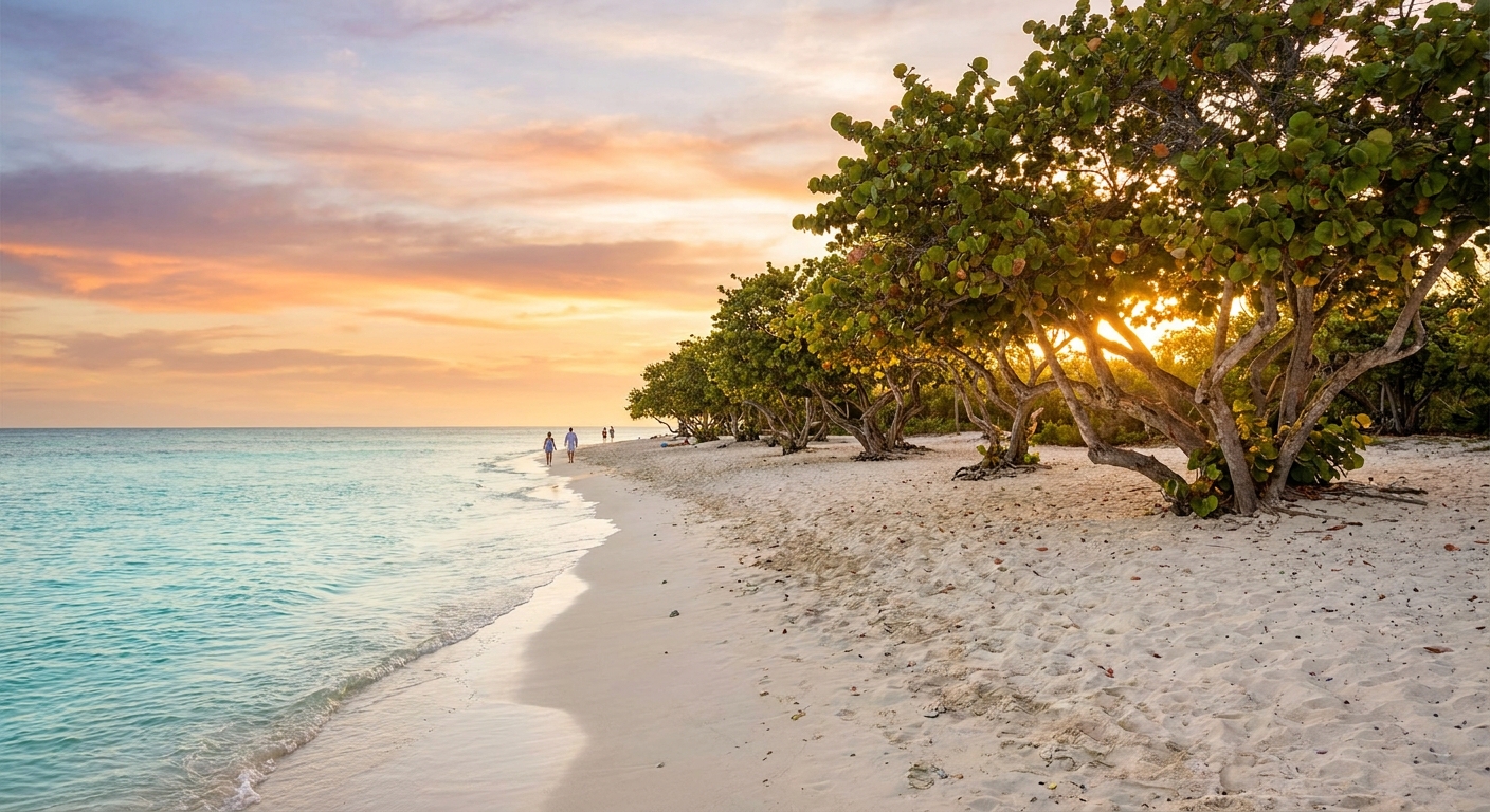 An almost empty Caribbean beach in late afternoon with calm turquoise water and a line of sea grape trees