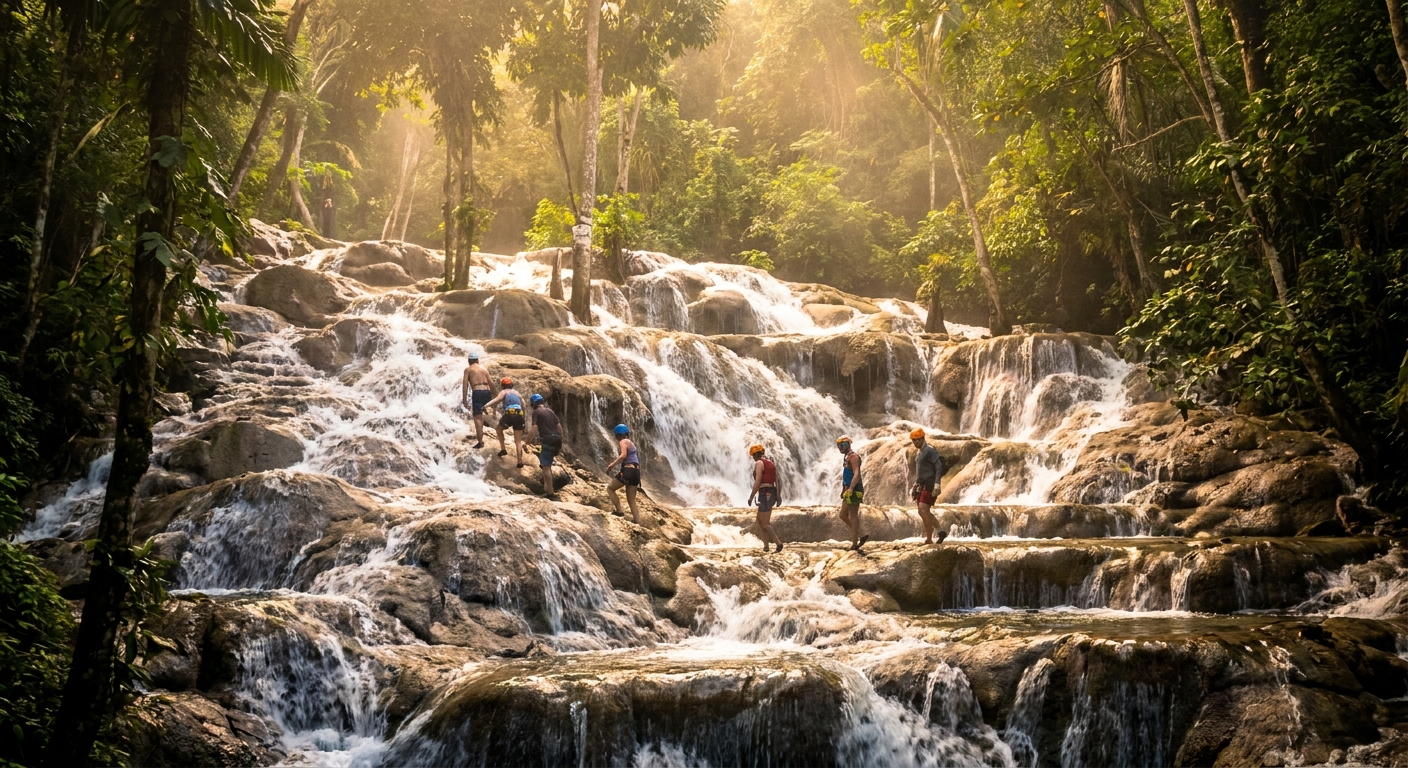 Climbers ascending the wide limestone terraces of a Jamaican waterfall in early morning light