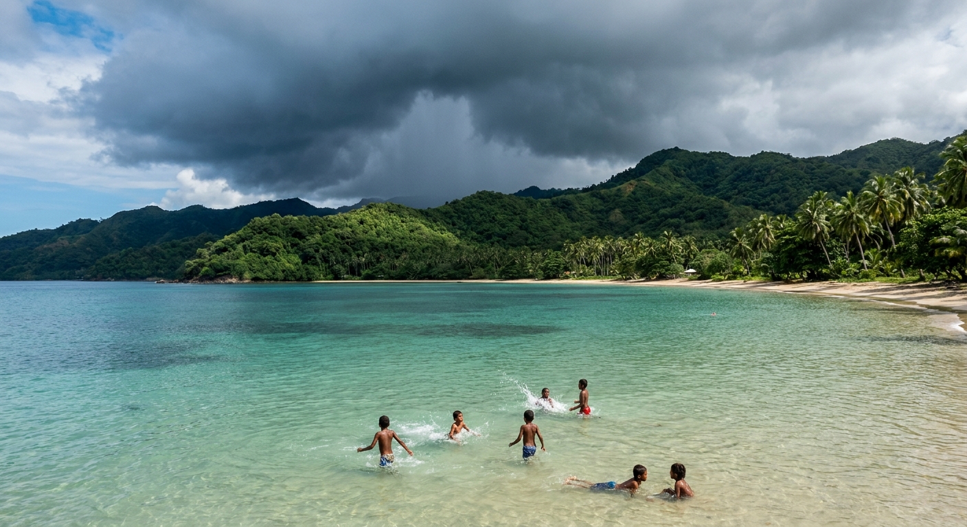 Children swimming in a calm turquoise bay while a dark rain cloud builds over green hills behind the beach