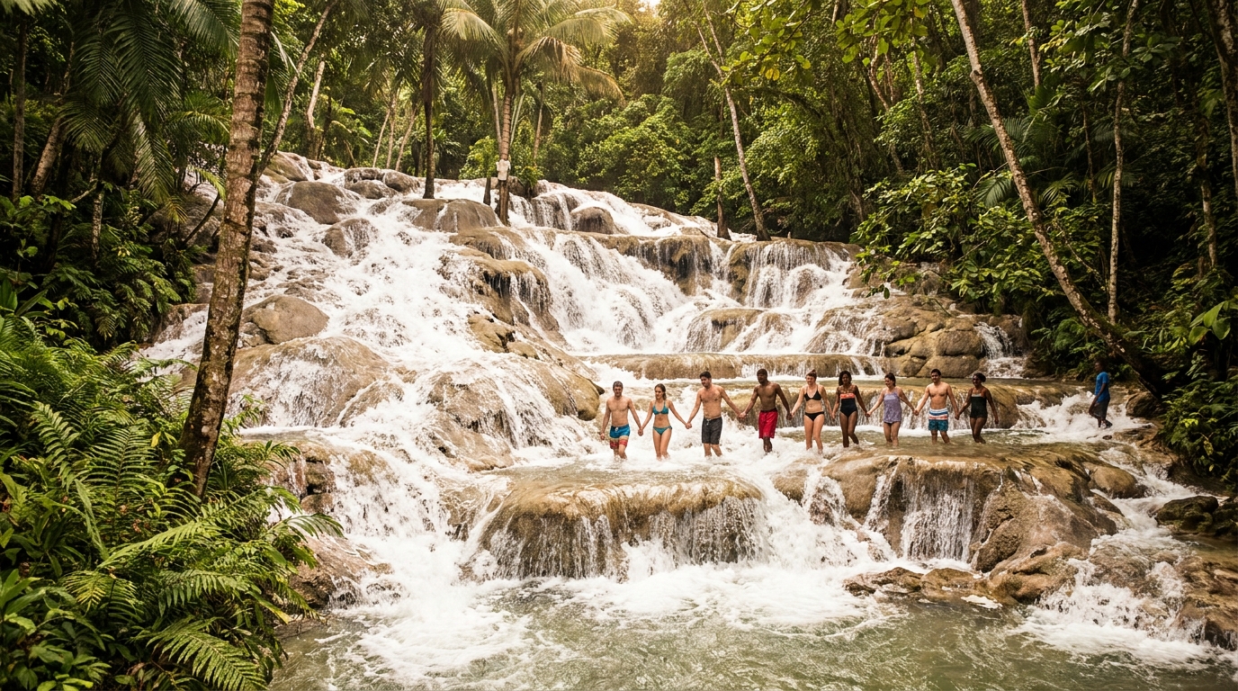A wide waterfall in full flow over limestone terraces with a line of climbers holding hands